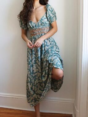 Free People Ellie Printed Maxi Dress | S | Puff Sleeve Milkmaid